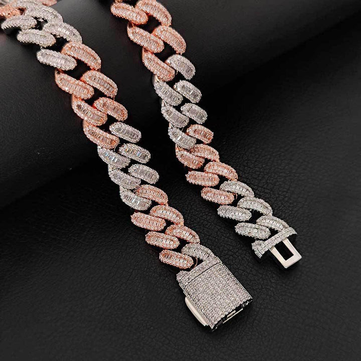 Hip-Hop 15Mm Pink Silver Two-Color Statement Cuban Link Chain Zircon Iced Out Necklace Bracelet Wholesale