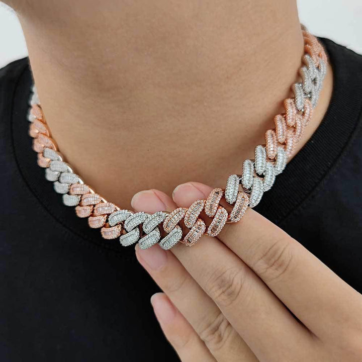 Hip-Hop 15Mm Pink Silver Two-Color Statement Cuban Link Chain Zircon Iced Out Necklace Bracelet Wholesale