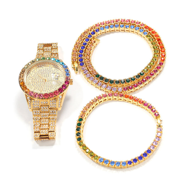 Ins Three-Piece Set Alloy Color Diamond Watch 8Inch Bracelet 20Inch Necklace Hip-Hop Jewelry