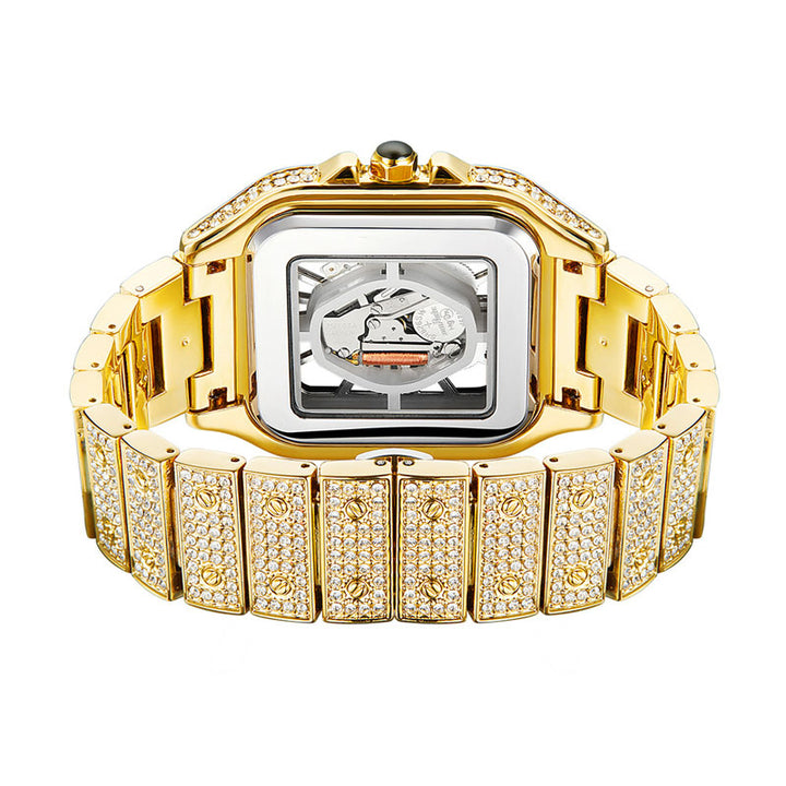 New Arrivals Hip Hop Luxury White Gold Plated Baguette CZ Zircon Gemstone Square Men'S Sports Automatic Mechanical Watches