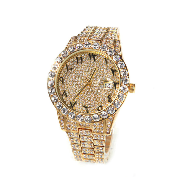 Hip Hop Iced Out Full Diamond Dial Quartz Watch Arabic Numerals Bling Rhinestone Stainless Steel Luxury Rapper Men Women Jewelry