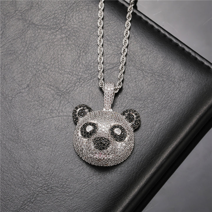 Iced Out Panda Head Pendant Necklaces with Free Rope Chain Solid Back Copper Zircon Unisex Hip Hop Jewelry