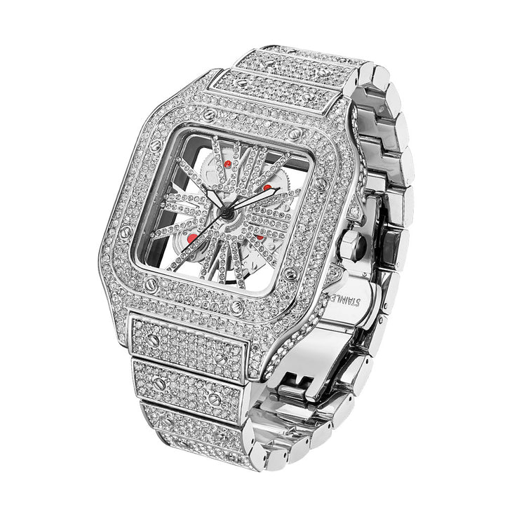 New Arrivals Hip Hop Luxury White Gold Plated Baguette CZ Zircon Gemstone Square Men'S Sports Automatic Mechanical Watches