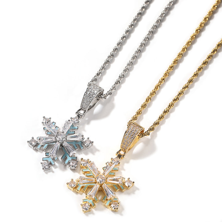 Trendy Enamel Jewelry Accessories -Hop New Winter Rotating Snowflake Luminous Drop Oil Pendant Rotatable Diamond Necklace