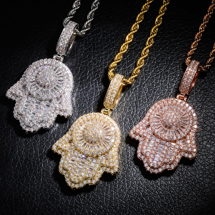 Hot Sale Fashion Iced Vintage Fatima Hand Pendant Full Drill Baguette Zircon Hiphop Religious Necklace Accessories