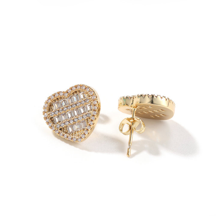 Hip Hop Cooper Micro Pave Diamond Baguette Dainty Love Zircon Heart Earrings Stud Gold Plated Women'S Trend Jewelry