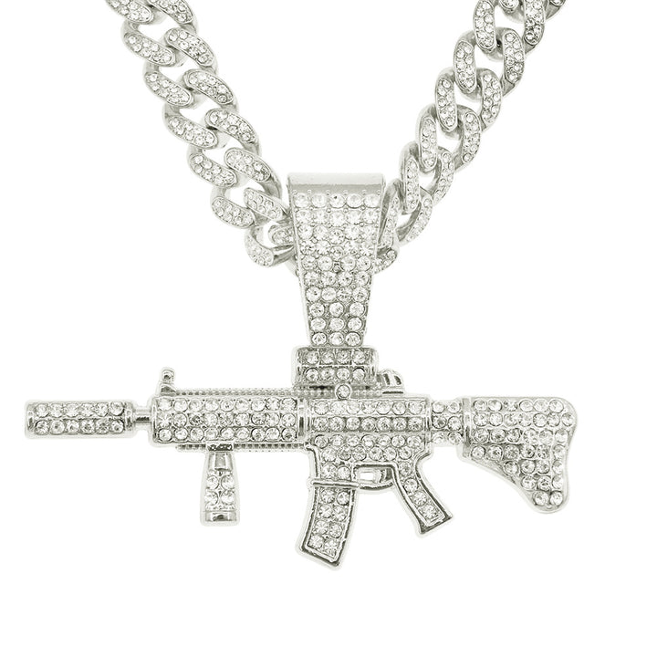 Hot New Stereo Diamond-Encrusted Gun Pendant Cuban Necklace European and American Men Cool Domineering Wear Choker Necklace
