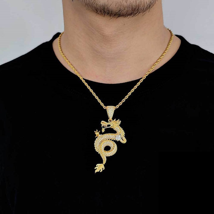 New Chinese Style Personality Retro Gold Plated 12 Zodiac Dragon Pendant Zircon Men'S and Women'S Sweater Chain