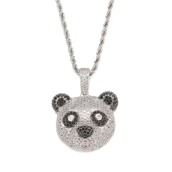 Iced Out Panda Head Pendant Necklaces with Free Rope Chain Solid Back Copper Zircon Unisex Hip Hop Jewelry