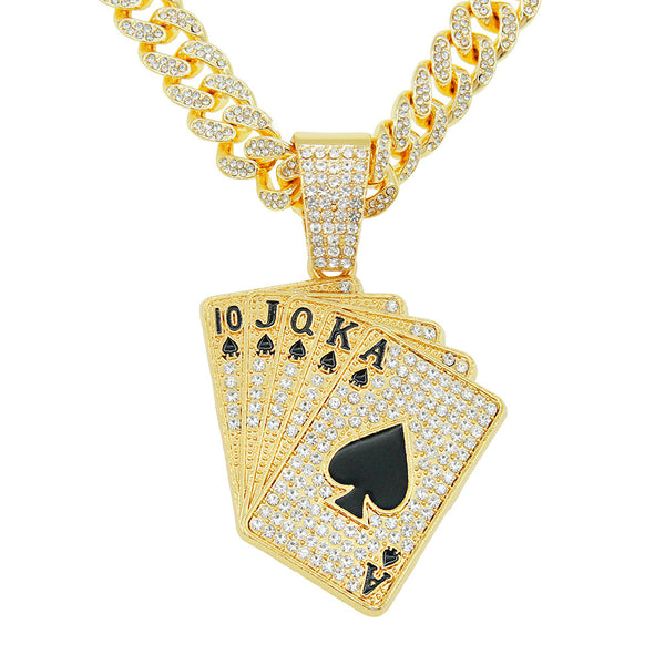 Hip Hop Rap Dance Dazzle Cool Punk Choker Personality Diamond-Encrusted Poker Pendant Necklace Accessory Pendant Necklace