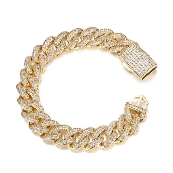 14Mm  Hop Jewelry Spring Buckle Chunky Women CZ Iced Out Diamond Miami Cuban Link Chain Bracelet