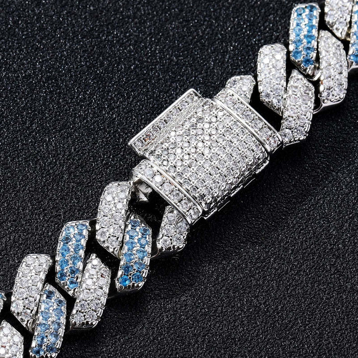 14MM Cuban Chain Bracelet White and Blue Zircon Cz Diamond Prong Miami Cuban Chain Cuban Link Chain Bracelet