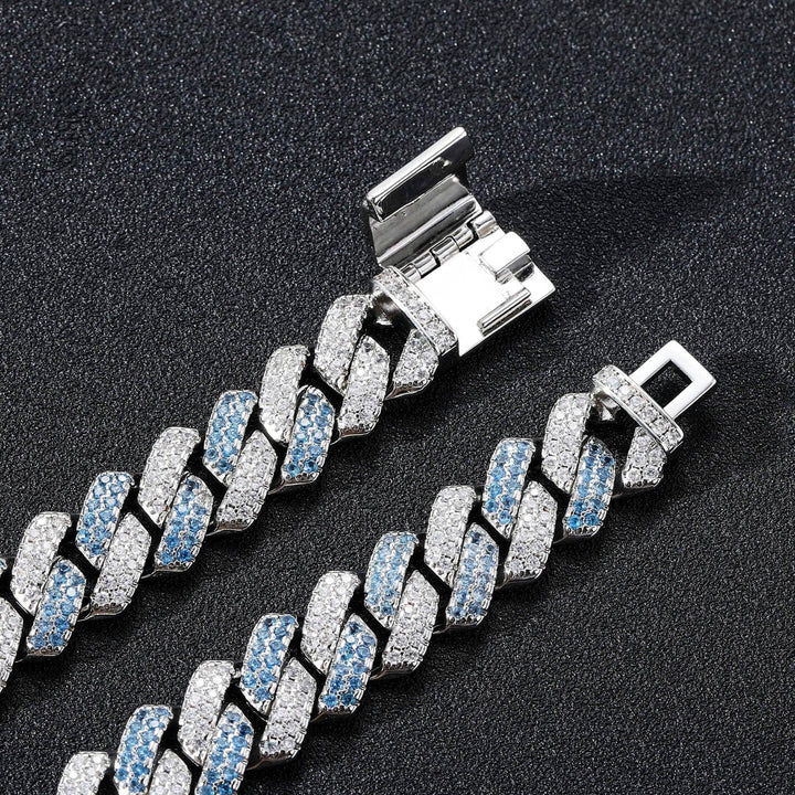 14MM Cuban Chain Bracelet White and Blue Zircon Cz Diamond Prong Miami Cuban Chain Cuban Link Chain Bracelet