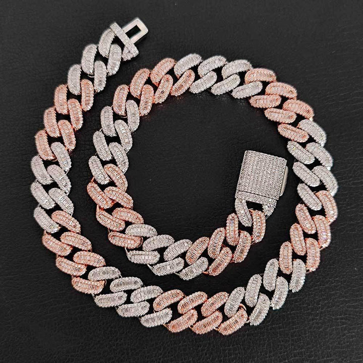 Hip-Hop 15Mm Pink Silver Two-Color Statement Cuban Link Chain Zircon Iced Out Necklace Bracelet Wholesale