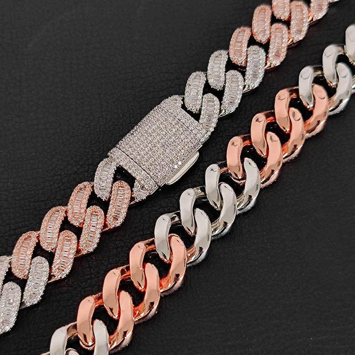 Hip-Hop 15Mm Pink Silver Two-Color Statement Cuban Link Chain Zircon Iced Out Necklace Bracelet Wholesale