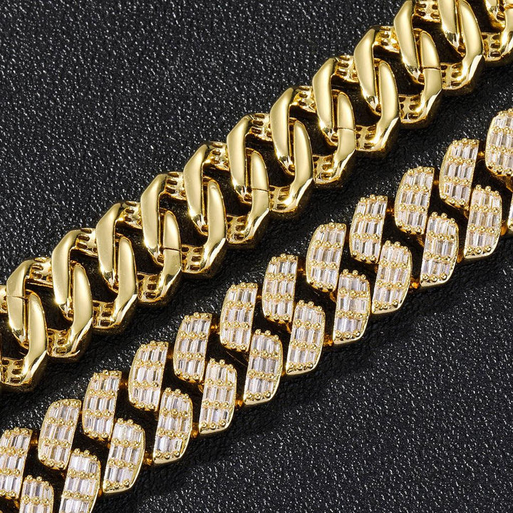 17Mm  Hop Fashion Jewelry Flip Buckle Men'S Prong Iced Out Baguette Cubic Zirconia Diamond Cuban Link Chain Necklace