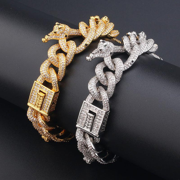 18K Gold Plated Real Diamond Luxury Prong 20Mm Thick Miami Cuban Link Chain 4 Flying Leopard Mens Ice Bracelets Hip Hop Jewelry