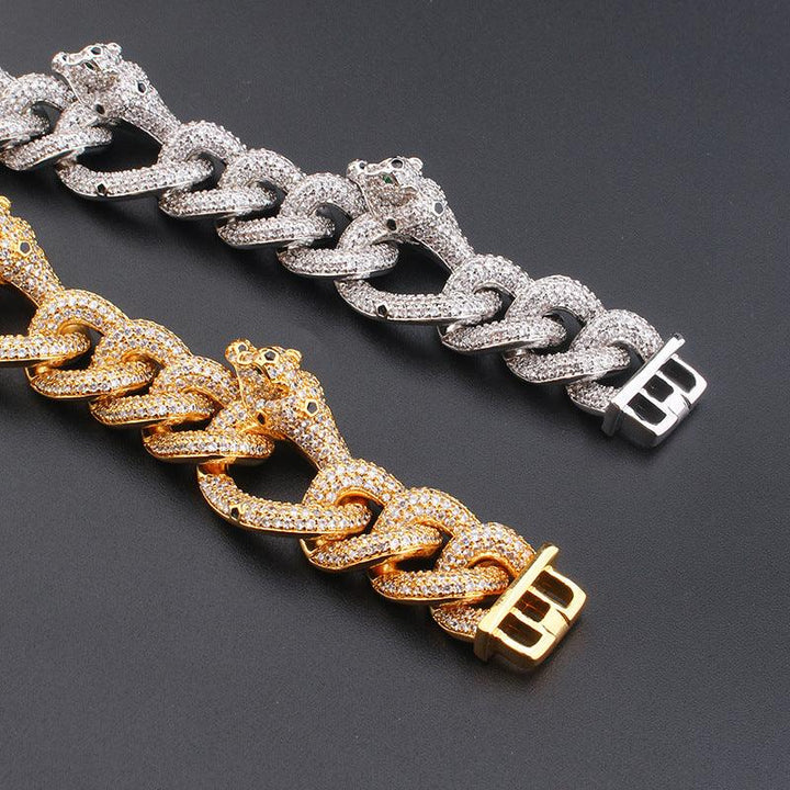 18K Gold Plated Real Diamond Luxury Prong 20Mm Thick Miami Cuban Link Chain 4 Flying Leopard Mens Ice Bracelets Hip Hop Jewelry