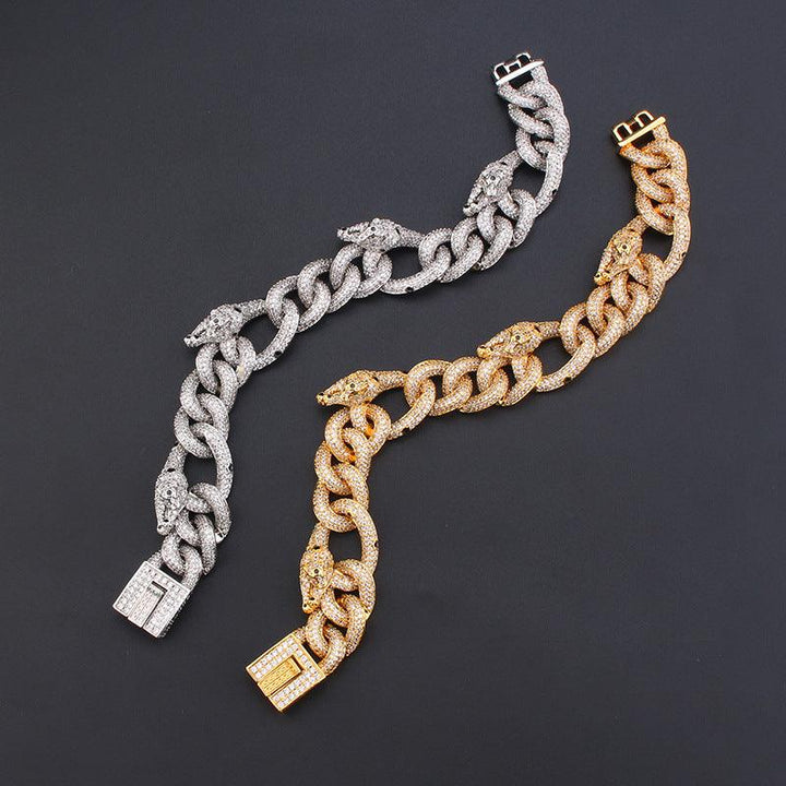 18K Gold Plated Real Diamond Luxury Prong 20Mm Thick Miami Cuban Link Chain 4 Flying Leopard Mens Ice Bracelets Hip Hop Jewelry