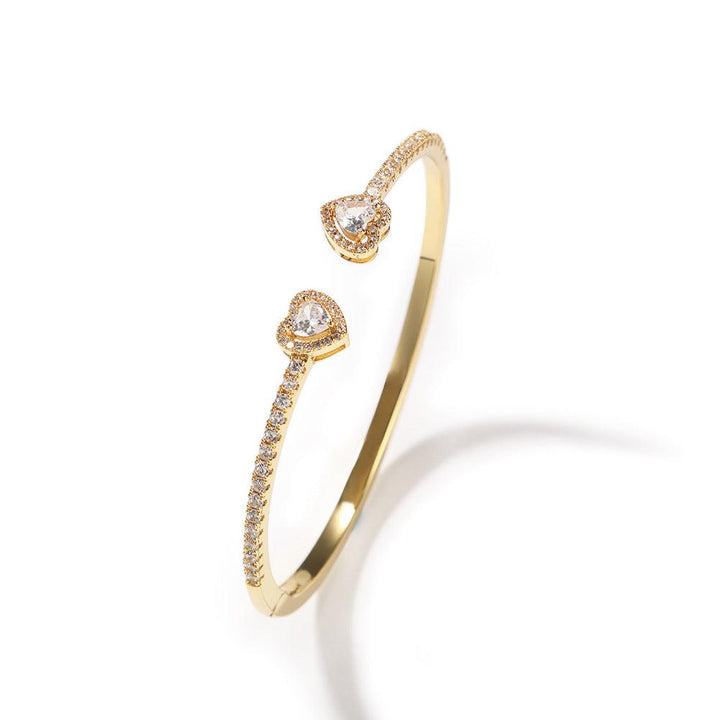 2022 Hot New Fashion Adjustable Crystal Diamond Bangle Double Heart Bow Cuff Opening Bracelet Bangle for Women Jewelry
