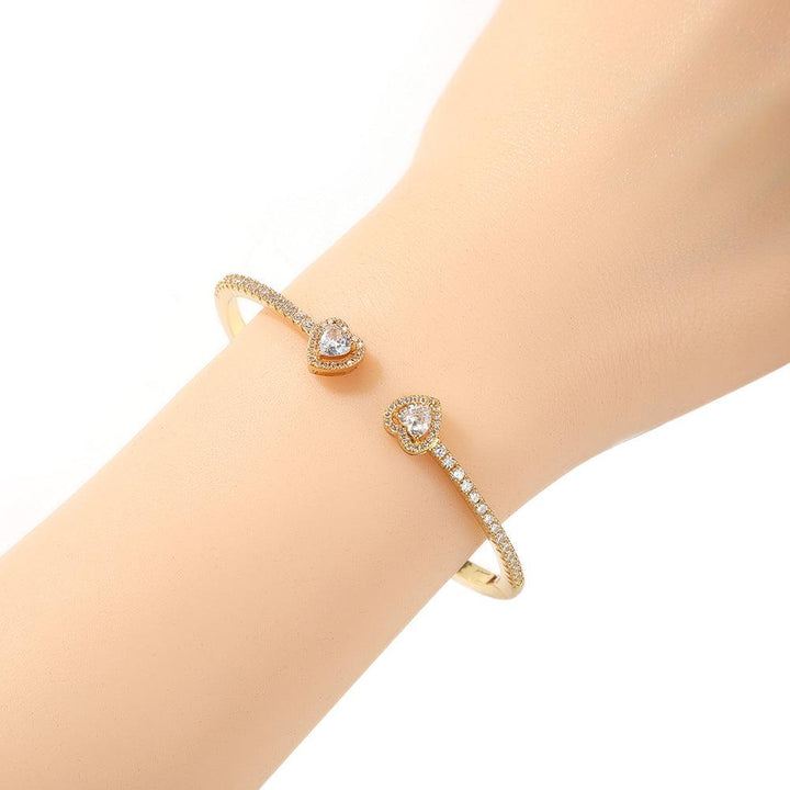 2022 Hot New Fashion Adjustable Crystal Diamond Bangle Double Heart Bow Cuff Opening Bracelet Bangle for Women Jewelry