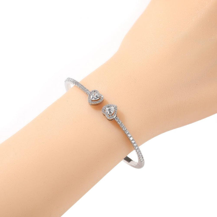 2022 Hot New Fashion Adjustable Crystal Diamond Bangle Double Heart Bow Cuff Opening Bracelet Bangle for Women Jewelry