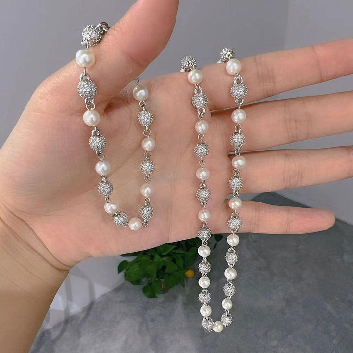 Ins Daily Wild Couple Icy Zircon Beads Splicing 6Mm-8Mm Natural Pearl Diamond Bracelet for Women Jewelry