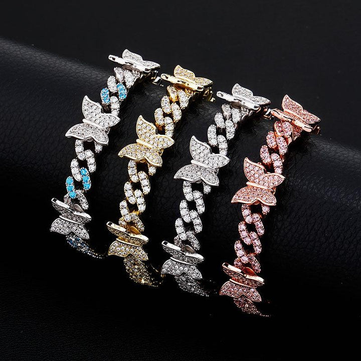 Hot Sale Girl Boy Jewelry Fashion Popular Cuban Link Chain Bracelet 8Mm Butterfly Charm Hip-Hop