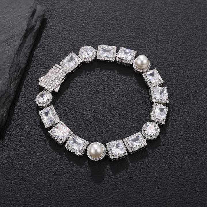 New Arrival Hip Hop Tennis Bracelet 18K Gold Plated Jewelry Iced Out Pearl&Square Zirconium Tennis Cuban Chain Bracelet