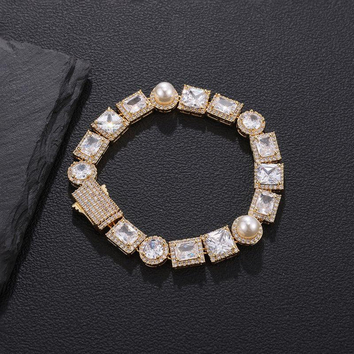 New Arrival Hip Hop Tennis Bracelet 18K Gold Plated Jewelry Iced Out Pearl&Square Zirconium Tennis Cuban Chain Bracelet