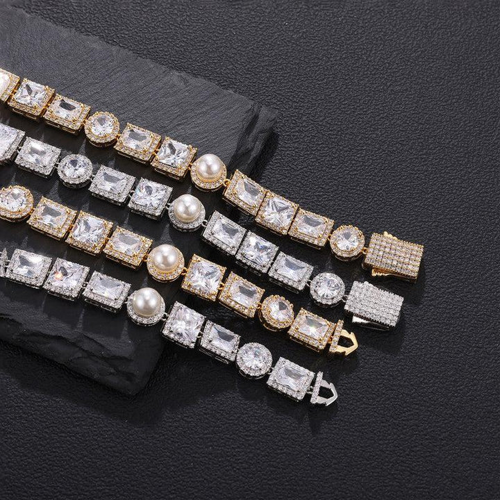 New Arrival Hip Hop Tennis Bracelet 18K Gold Plated Jewelry Iced Out Pearl&Square Zirconium Tennis Cuban Chain Bracelet