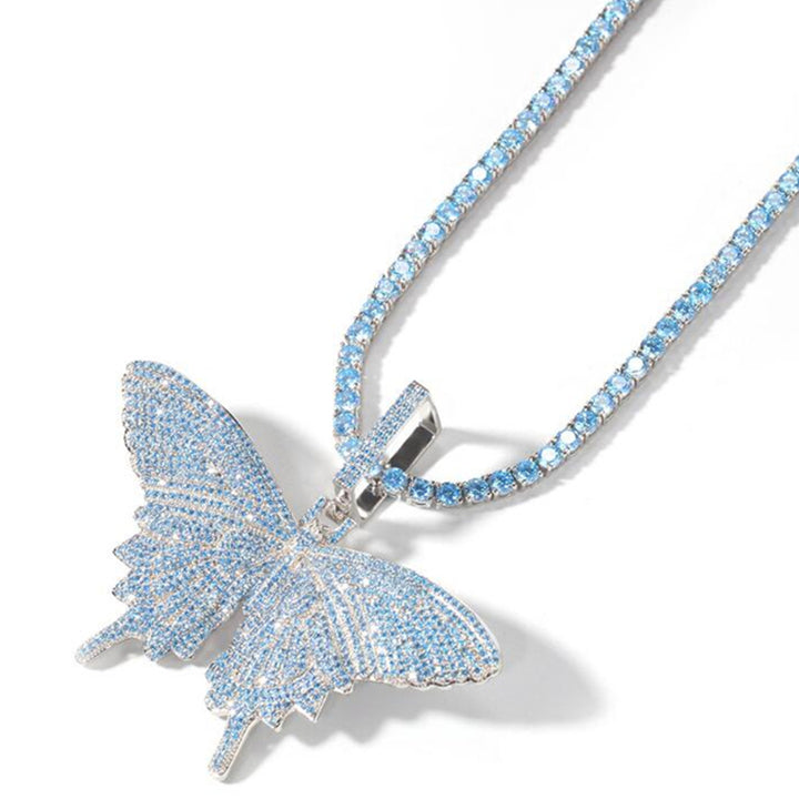 Butterfly Pendant Cuban Chain Tennis Chain Diamond Necklace for Women Party Jewelry Fashion Hip Hop Jewelry Blue Silver Plated