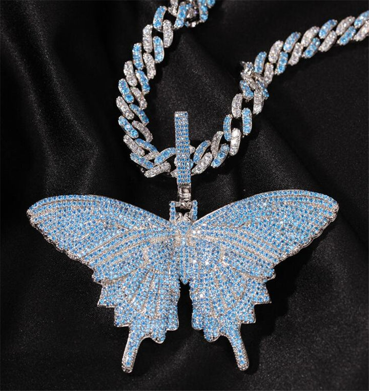 Butterfly Pendant Cuban Chain Tennis Chain Diamond Necklace for Women Party Jewelry Fashion Hip Hop Jewelry Blue Silver Plated