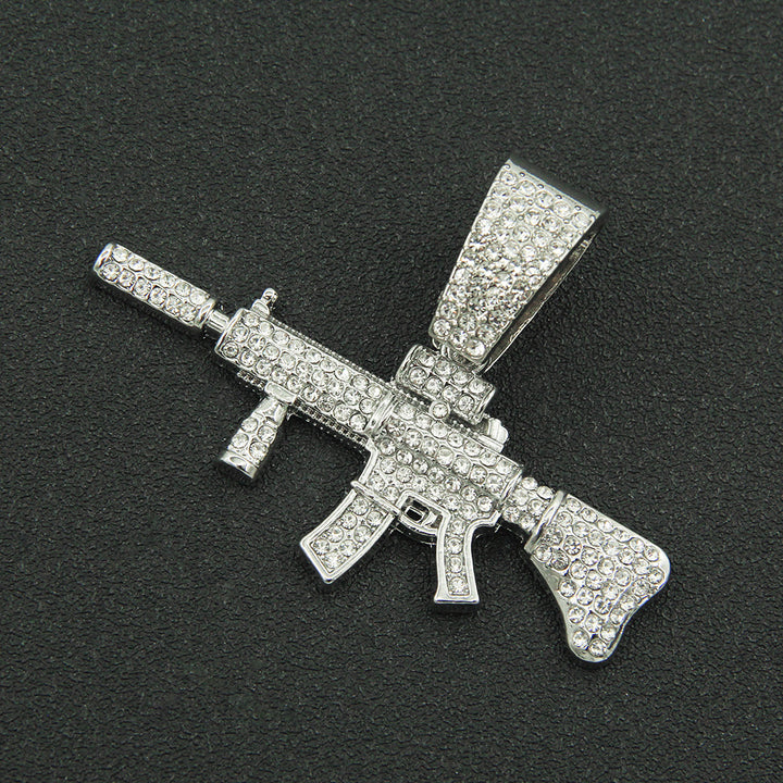 Hot New Stereo Diamond-Encrusted Gun Pendant Cuban Necklace European and American Men Cool Domineering Wear Choker Necklace