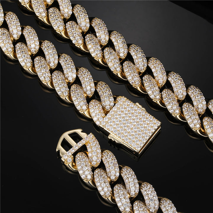 Hip Hop 19MM Miami Cuban Link Chain 3 Row Bling Iced Out CZ AAA+ Cubic Zirconia Bracelet Necklace Men Women Rapper Jewelry