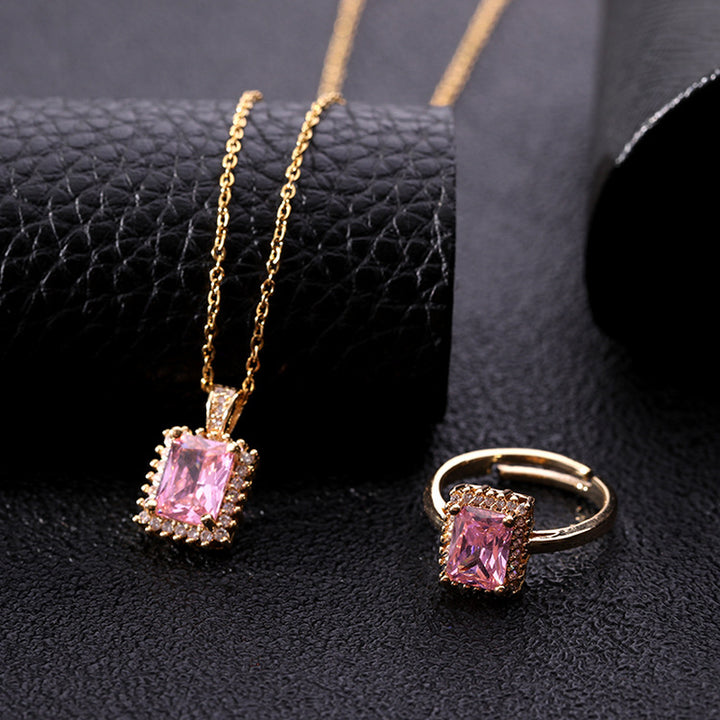 2Pcs Fashion Women Accessories Jewelry Micro Paved Zircon Ladies Geometric Rectangle Gem  Hop Necklace Ring Set