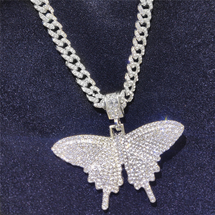 8Mm Iced Out Bling Bling Cuban Chain Butterfly Necklace Rope Chain Butterfly Pendant Necklace