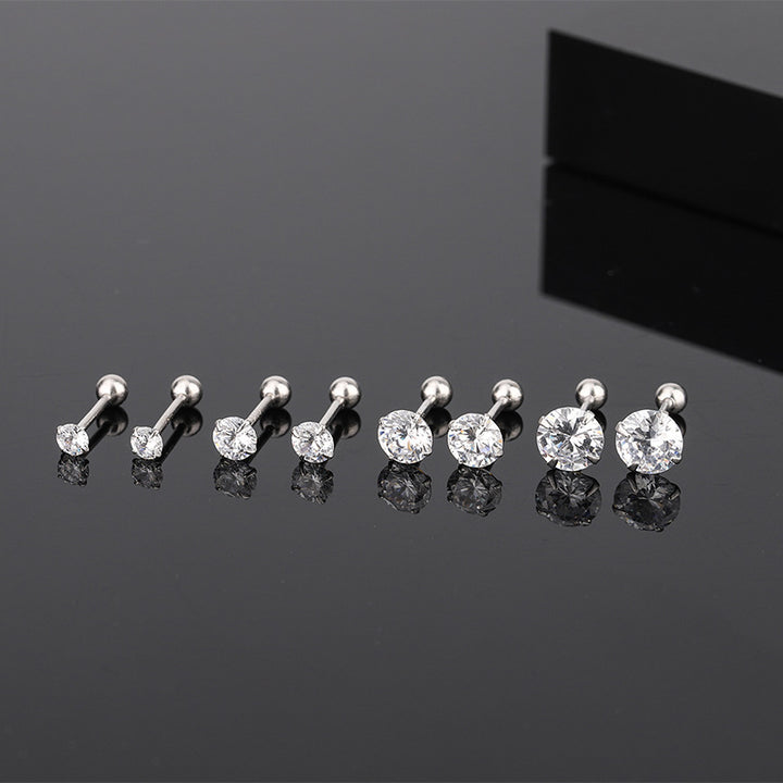 925 Sterling Silver Earrings Twisting Screws round Beads Four Claw Zircon Stud Earrings anti Drop Earrings