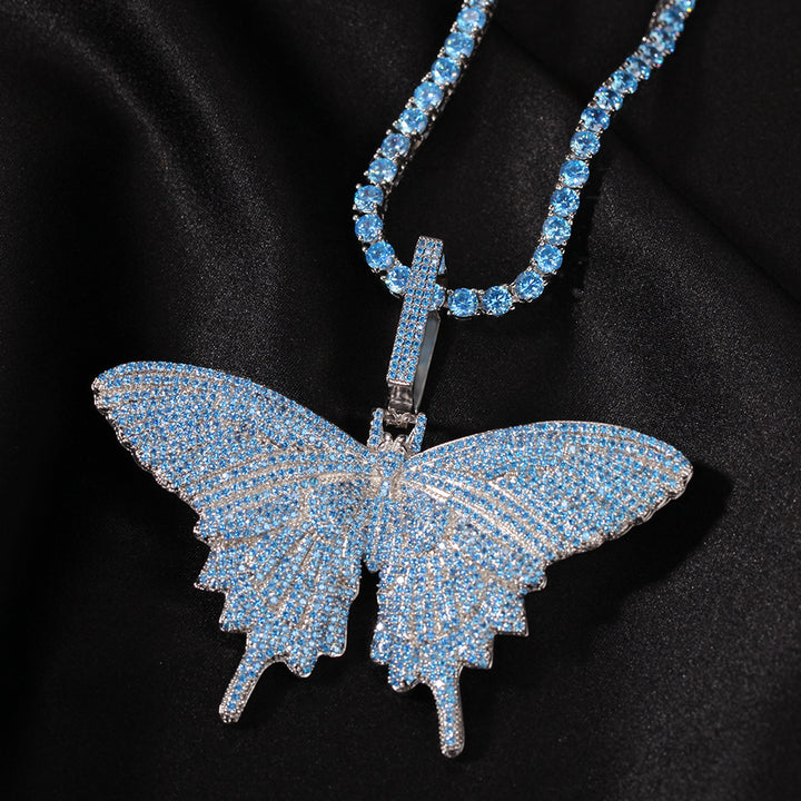 Butterfly Pendant Cuban Chain Tennis Chain Diamond Necklace for Women Party Jewelry Fashion Hip Hop Jewelry Blue Silver Plated