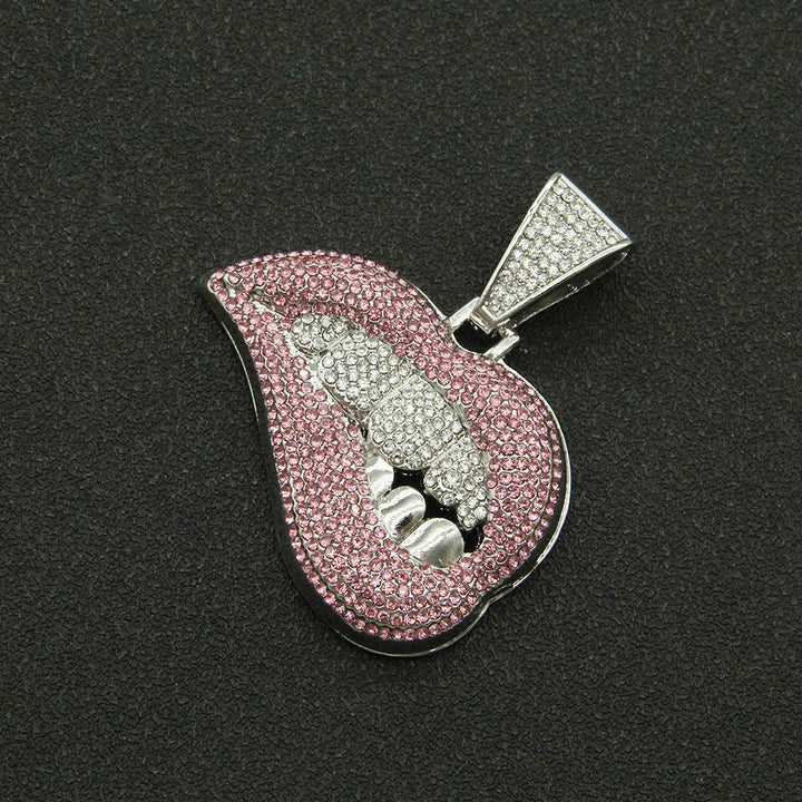 Personality Pink Lip Diamond Teeth Pendant Necklace Men'S Domineering Cool Exaggerated Cuban Chain Accessories Necklace