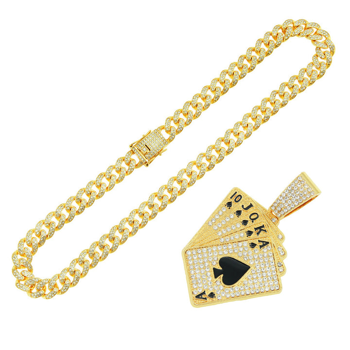 Hip Hop Rap Dance Dazzle Cool Punk Choker Personality Diamond-Encrusted Poker Pendant Necklace Accessory Pendant Necklace