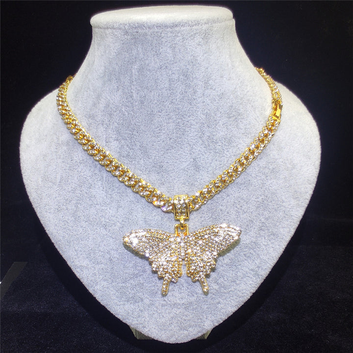 8Mm Iced Out Bling Bling Cuban Chain Butterfly Necklace Rope Chain Butterfly Pendant Necklace