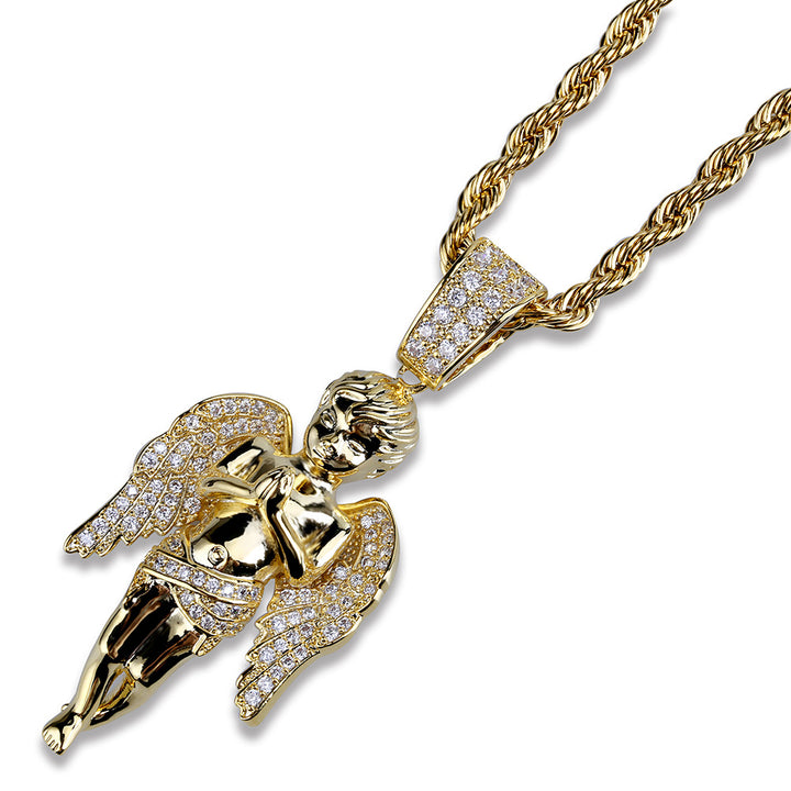 Hot Hands Folded Angel Pendant Gold-Plated Two-Tone Micro-Inlaid Zircon  Hop Punk Men'S Necklace