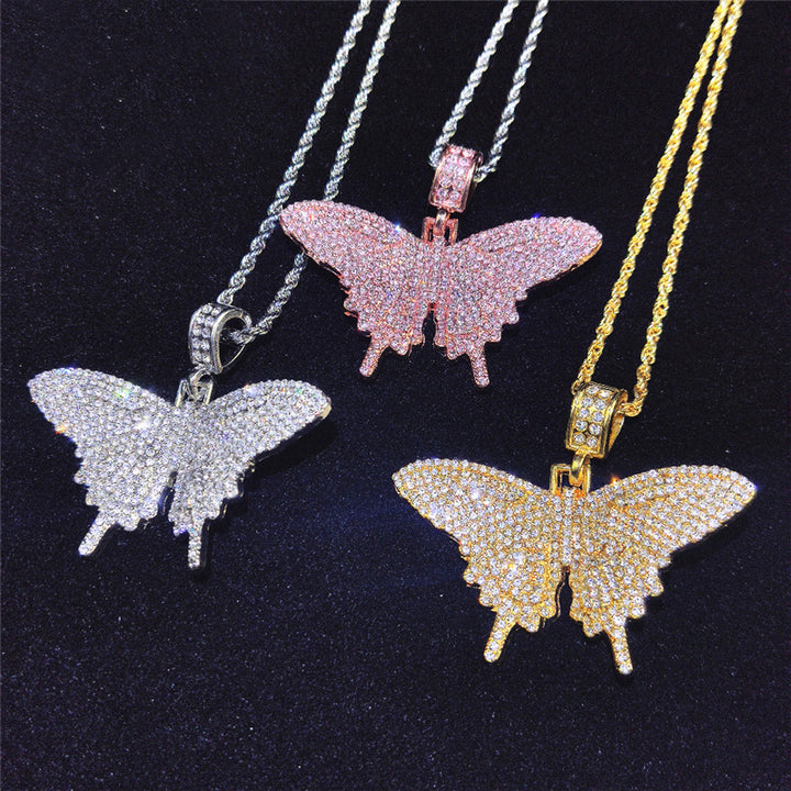 8Mm Iced Out Bling Bling Cuban Chain Butterfly Necklace Rope Chain Butterfly Pendant Necklace