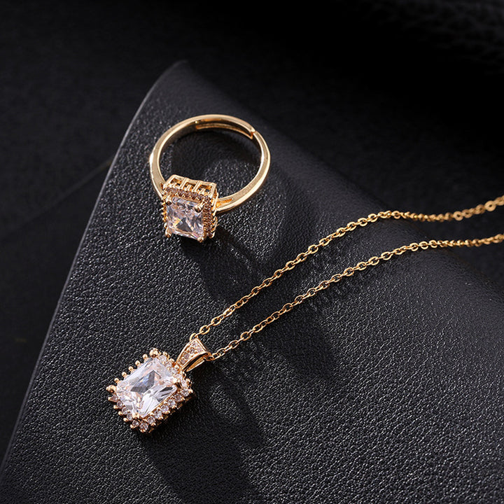 2Pcs Fashion Women Accessories Jewelry Micro Paved Zircon Ladies Geometric Rectangle Gem  Hop Necklace Ring Set