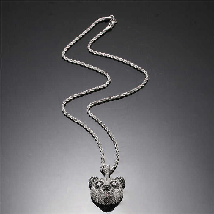 Iced Out Panda Head Pendant Necklaces with Free Rope Chain Solid Back Copper Zircon Unisex Hip Hop Jewelry