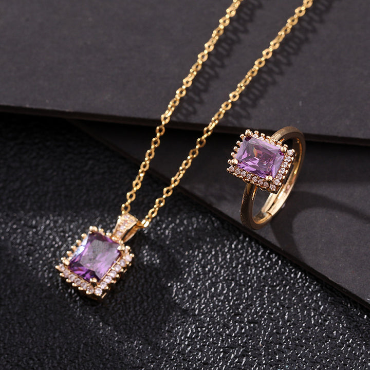 2Pcs Fashion Women Accessories Jewelry Micro Paved Zircon Ladies Geometric Rectangle Gem  Hop Necklace Ring Set