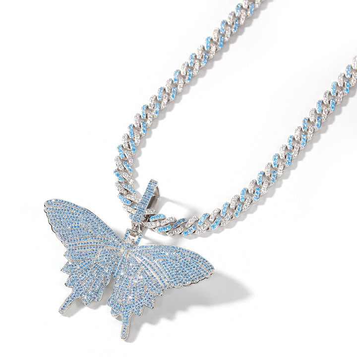 Butterfly Pendant Cuban Chain Tennis Chain Diamond Necklace for Women Party Jewelry Fashion Hip Hop Jewelry Blue Silver Plated