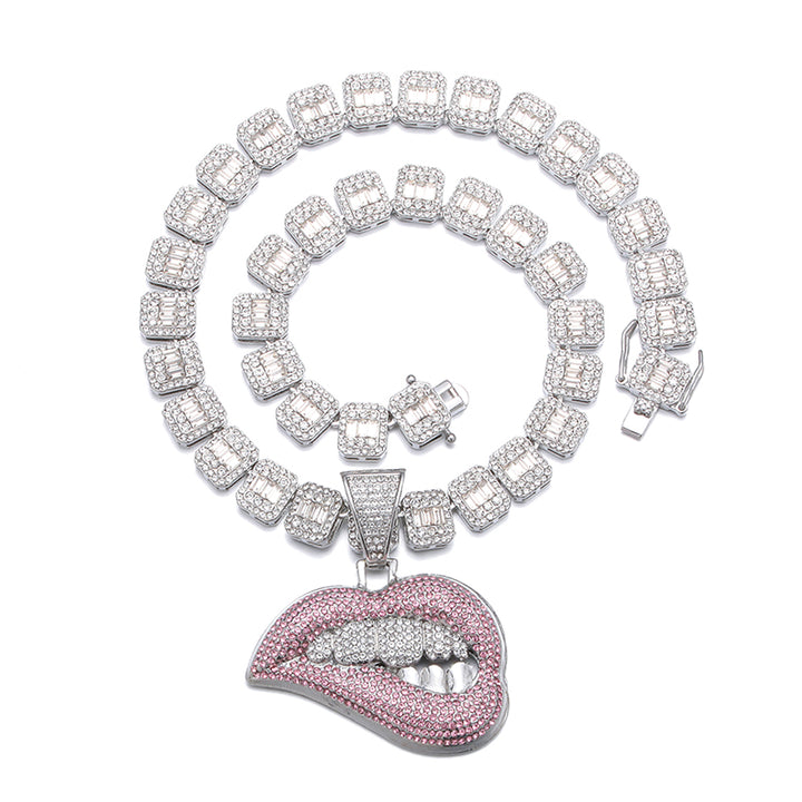 Personality Pink Lip Diamond Teeth Pendant Necklace Men'S Domineering Cool Exaggerated Cuban Chain Accessories Necklace