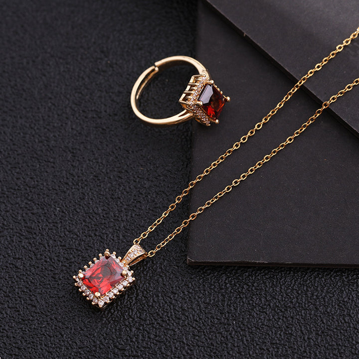 2Pcs Fashion Women Accessories Jewelry Micro Paved Zircon Ladies Geometric Rectangle Gem  Hop Necklace Ring Set